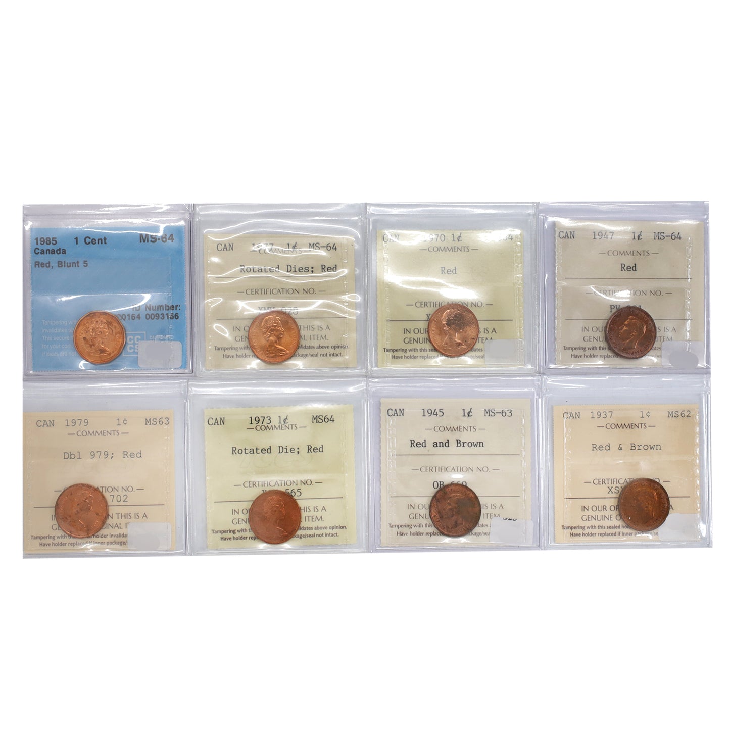 Lot of 8x 1937-1985 Canada 1-cents Certified MS62 to MS64 Red, 8pcs