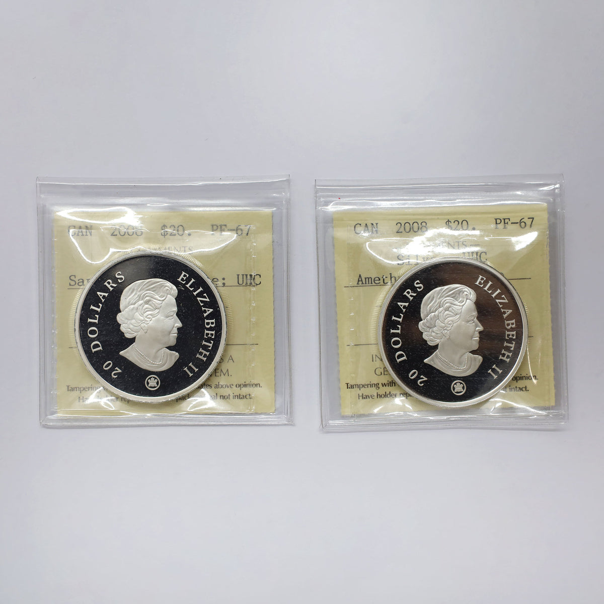 Pair of 2008 Canada $20 Crystal Snowflake Fine Silver ICCS Cert. PF67 UHC, 2pcs (No Tax)