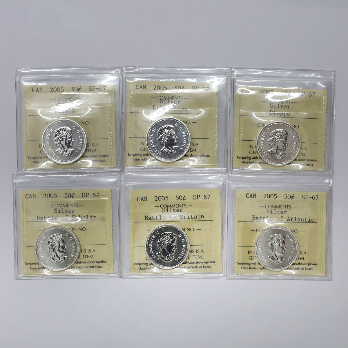 Lot of 6x 2005 Canada Quest for … During WWII .925 50-cent Coins ICCS Cert. PF67, 6pcs