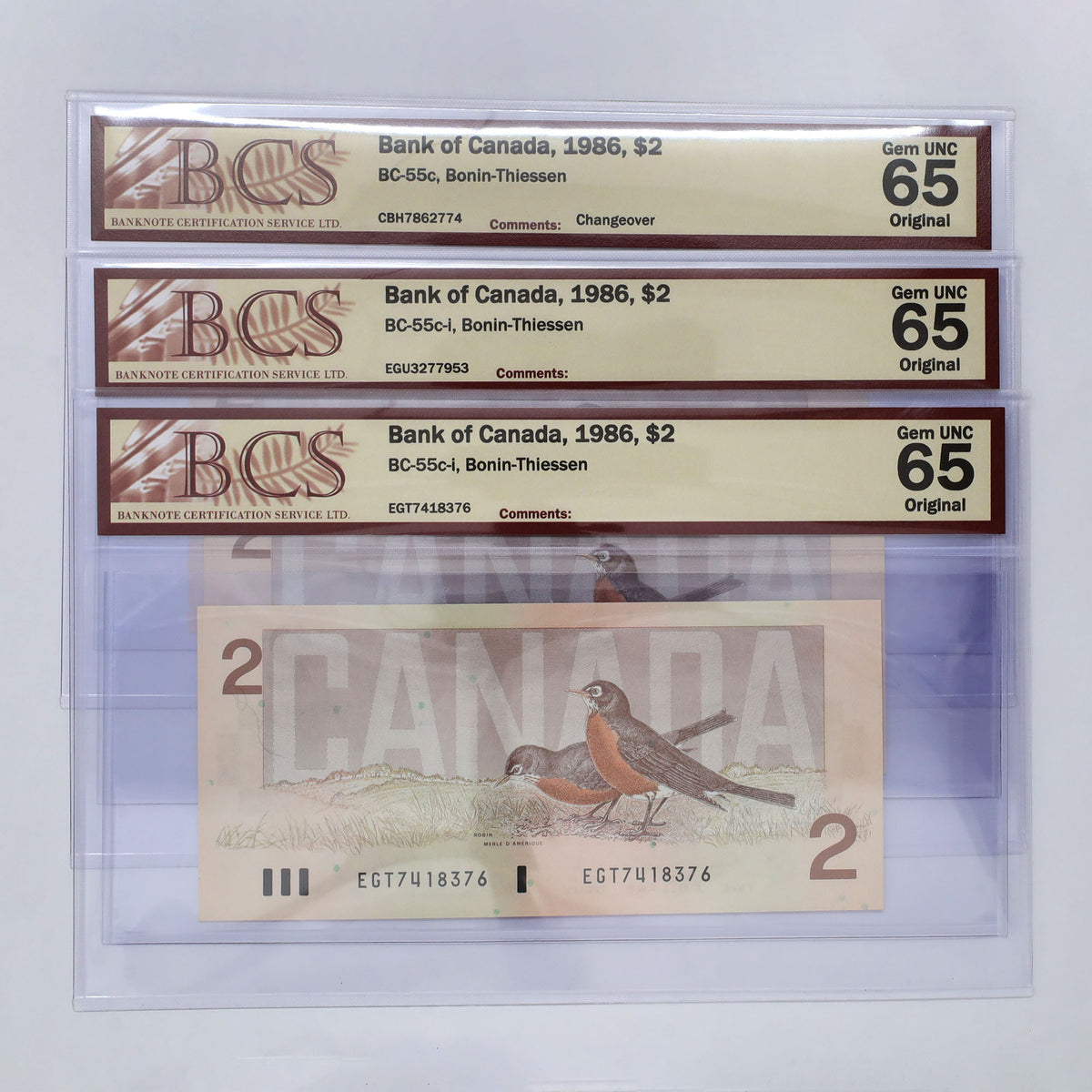 Lot of 3x 1986 Canada $2 Bonin-Thiessen BCS Certified GUNC65, 3pcs