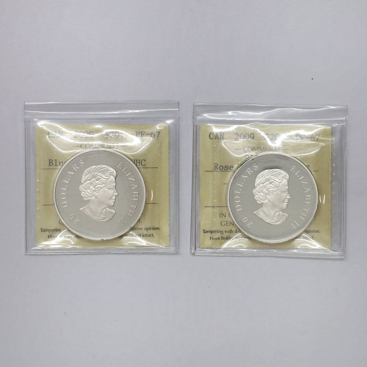 Pair of 2009 Canada $20 Crystal Snowflake Fine Silver ICCS Cert. PF67 UHC, 2pcs (No Tax)
