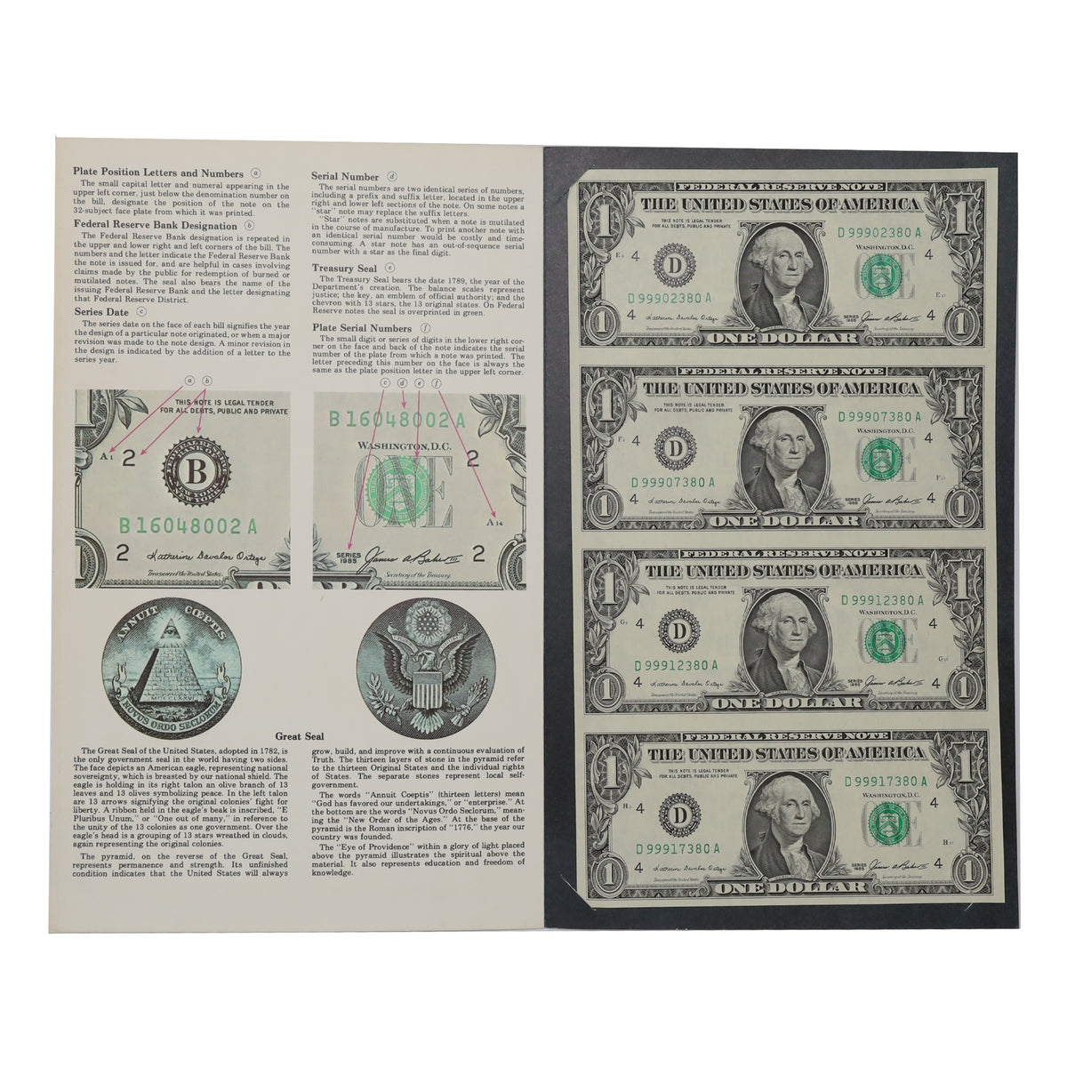 Uncut Sheet of 4x 1976 USA Cleveland, OH, $1 Notes in Official Folder, Uncirculated, 4pcs