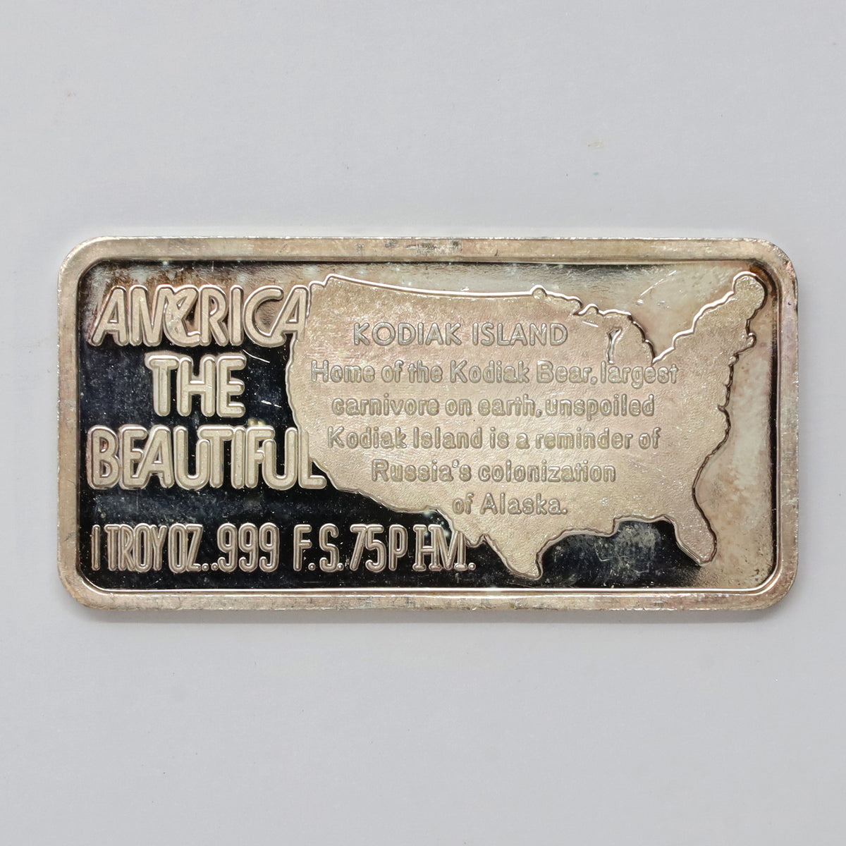 1974 USA Hamilton Mint Kodiak Island 1oz. .999 Silver Art Bar (No Tax) toned
