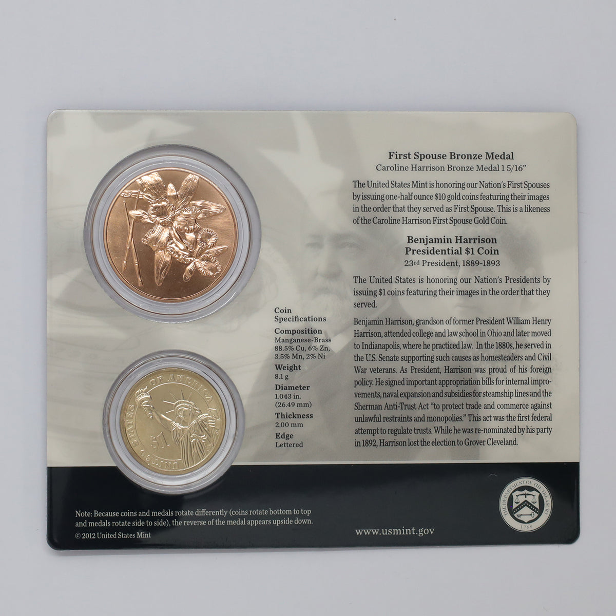2013 USA Caroline & Benjamin Harrison First Spouse $1 Presidential Coin & Medal Set