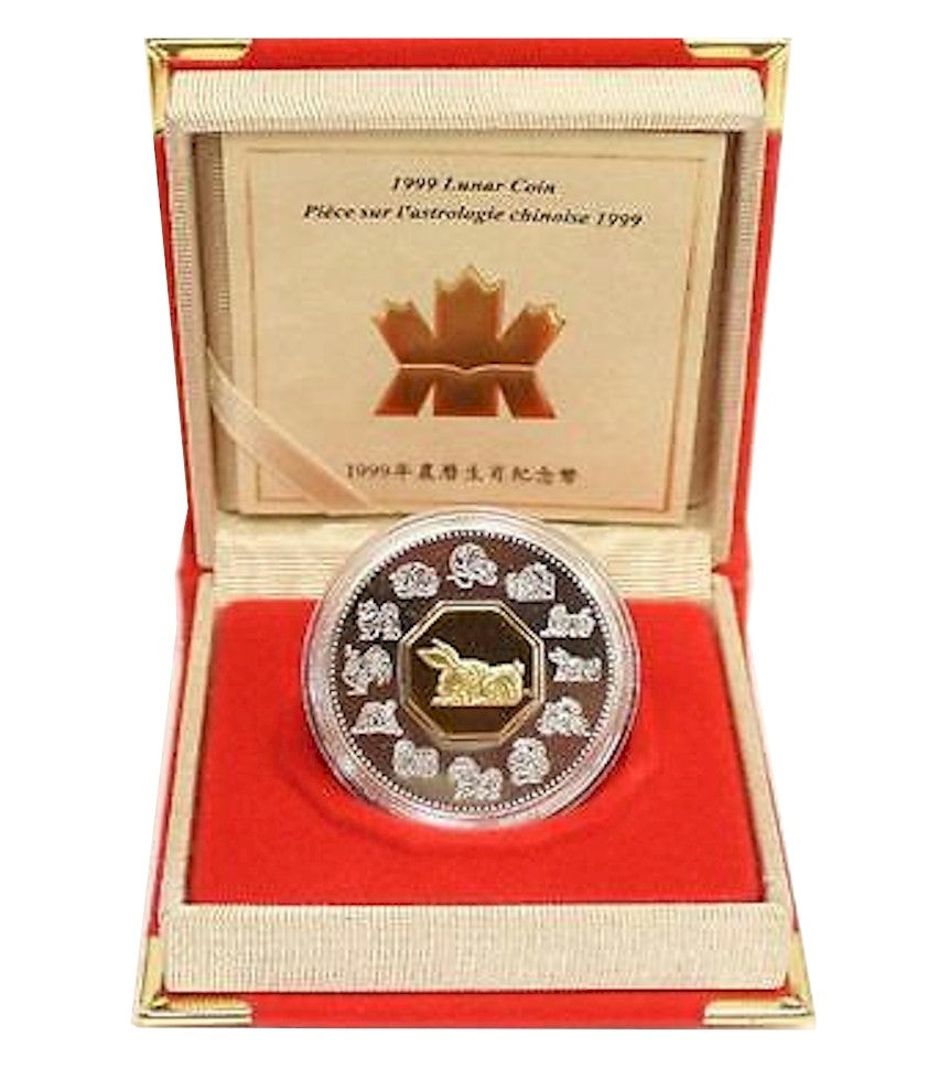 1999 Canada $15 Year of the Rabbit Sterling Silver & Gold Plated Cameo (lightly toned)