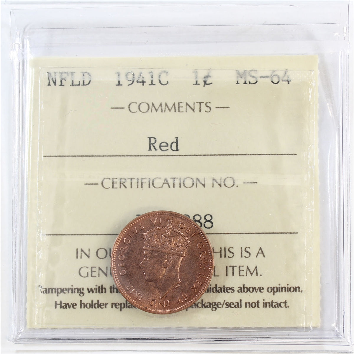 1941C Newfoundland 1-cent ICCS Certified MS64 Red (XCE 830)