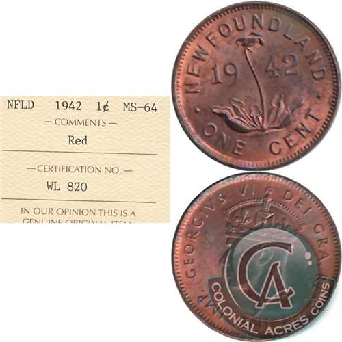 1942 Newfoundland 1-cent ICCS Certified MS64 Red