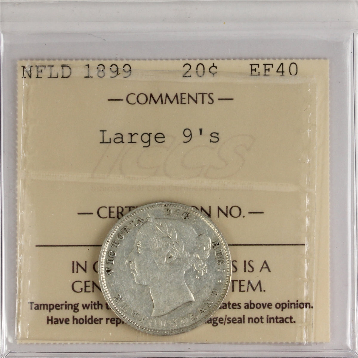 1899 Large 9's Newfoundland 20-cents ICCS Certified EF-40