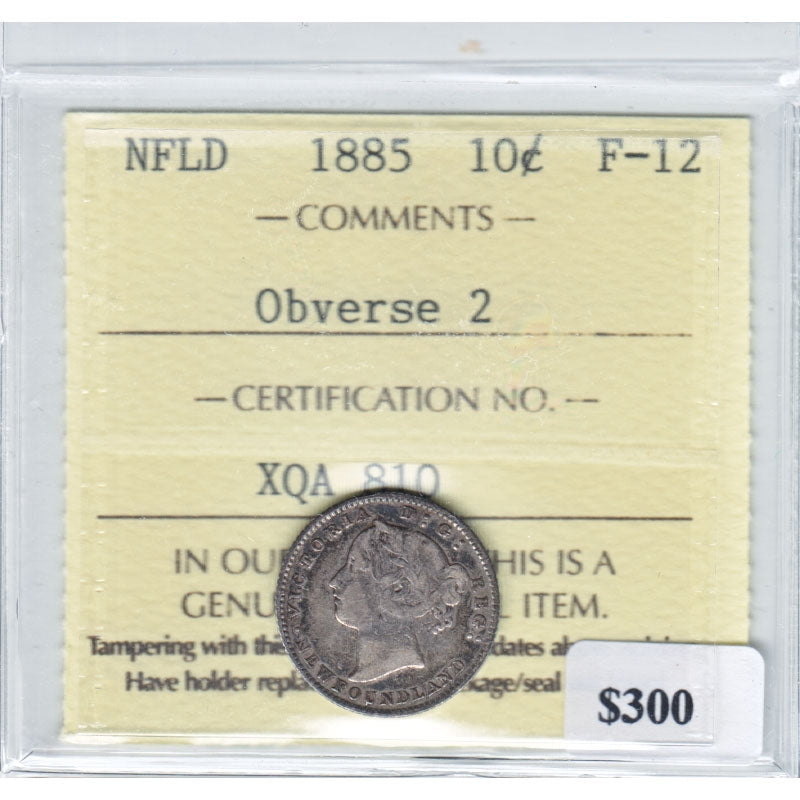 1885 Newfoundland Obverse 2 10-cents ICCS Certified F12