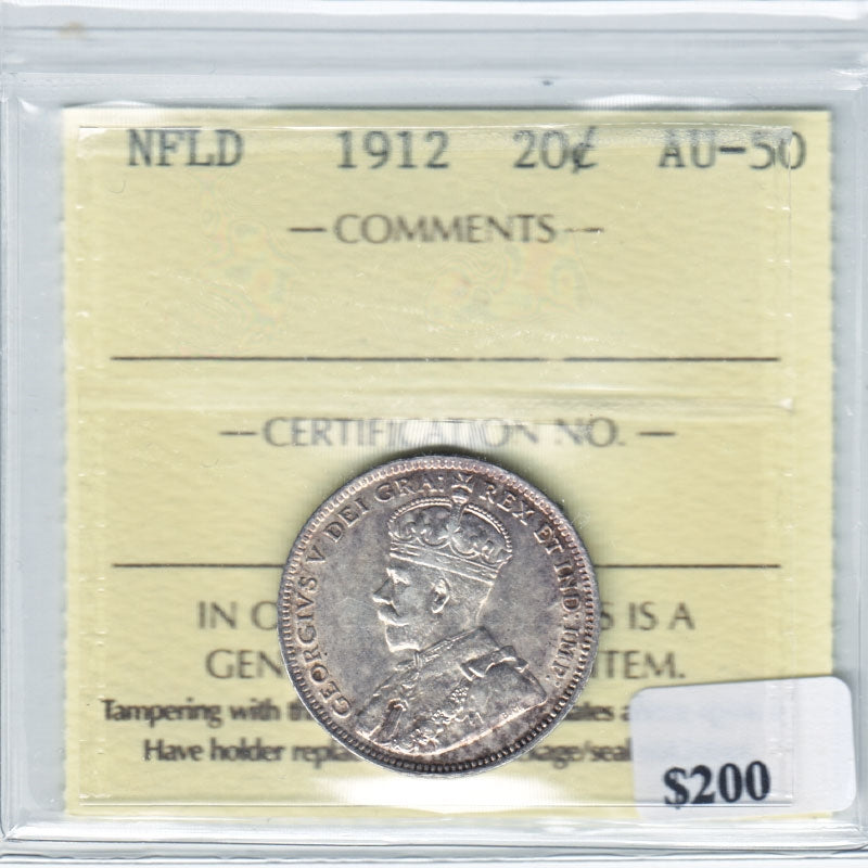 1912 Newfoundland 20-cent ICCS Certified AU50