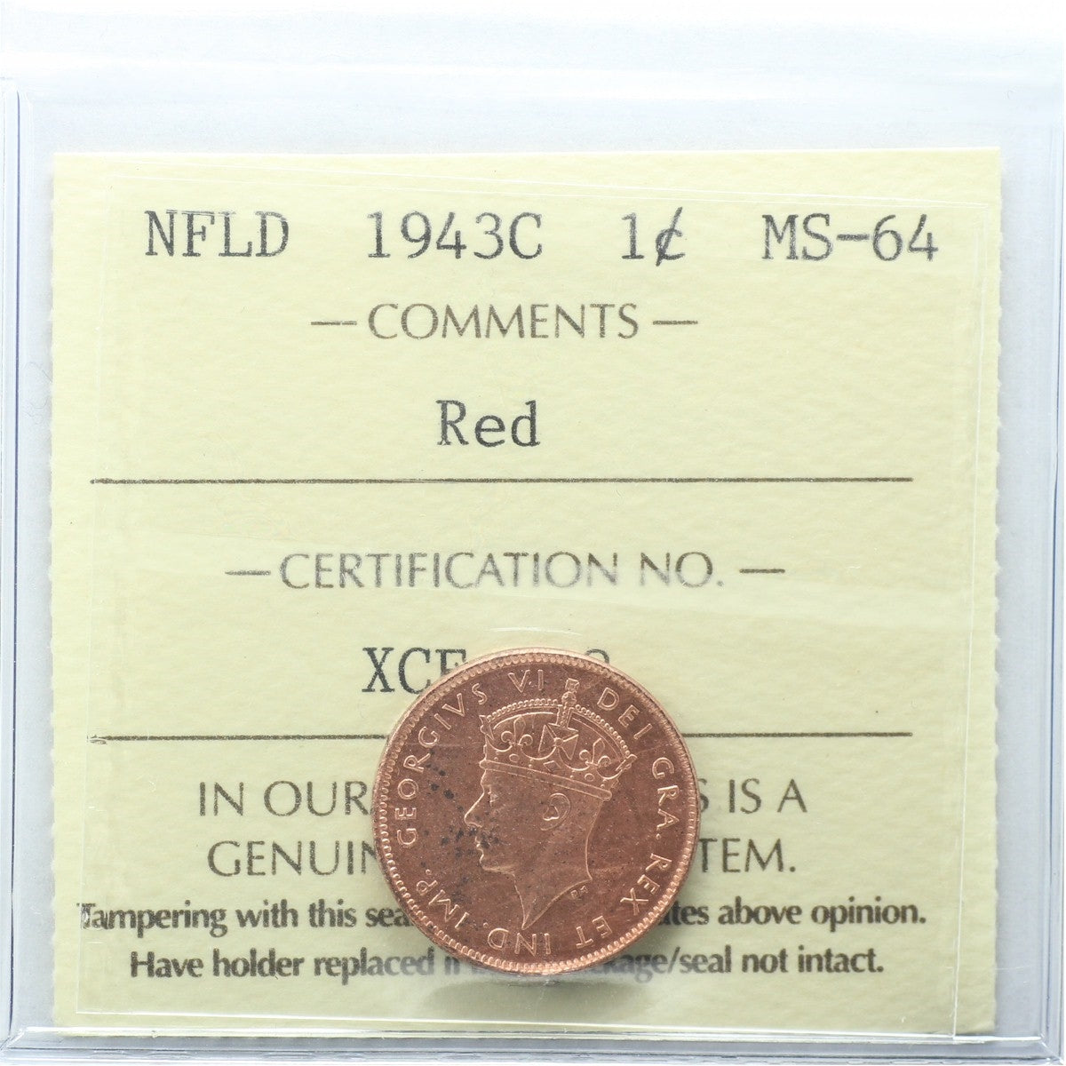 1943C Newfoundland 1-cent ICCSCertified MS-64 Red (XCE 838)