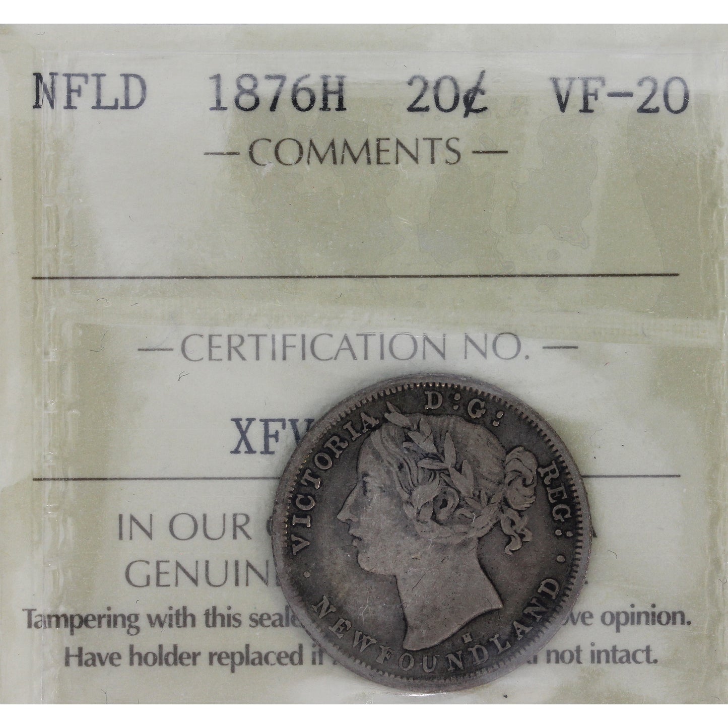 1876H Newfoundland 20-cents ICCS Certified VF-20