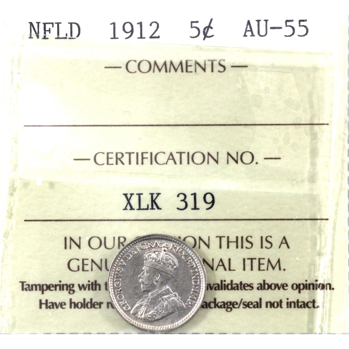 1912 Newfoundland 5-cent ICCS Certified AU-55