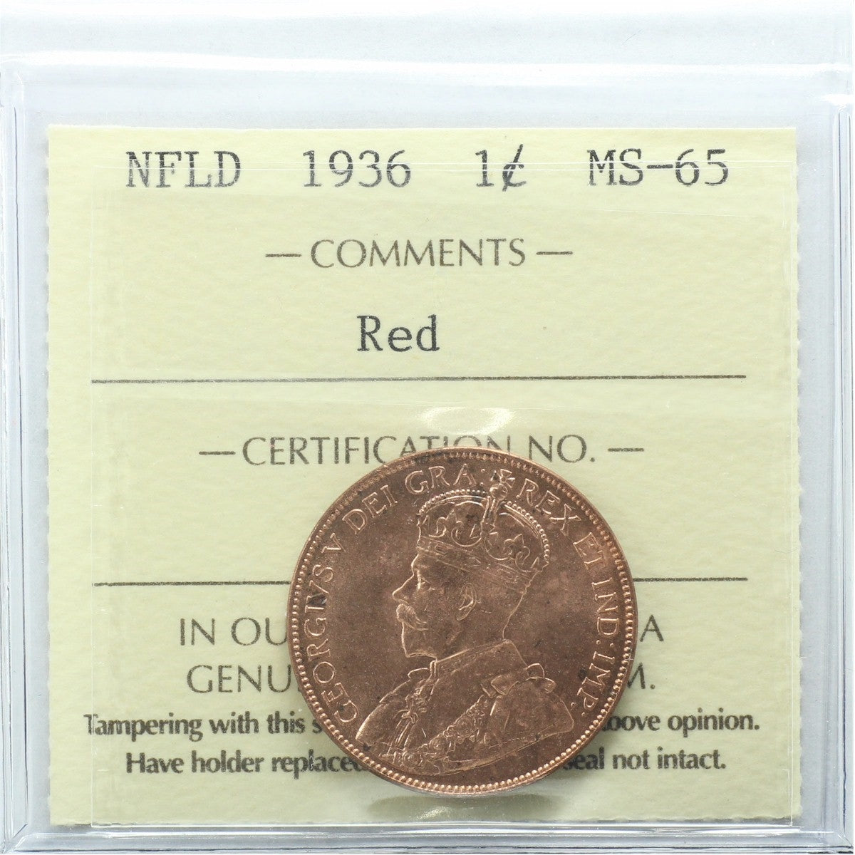 1936 Newfoundland 1-cent ICCS Certified MS65 Red (XCE 822)