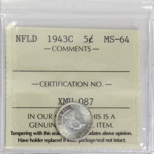 1943C Newfoundland 5-cents ICCS Certified MS64