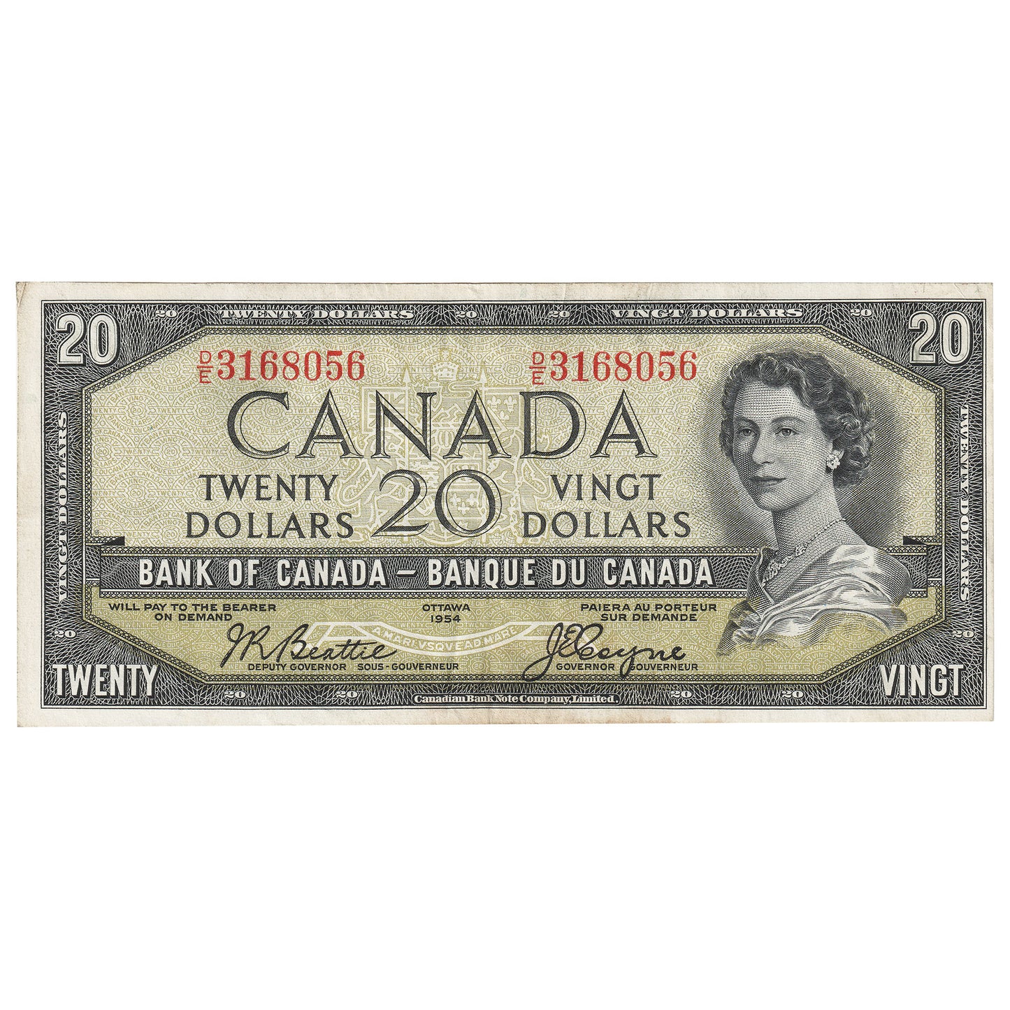 BC-33b 1954 Canada $20 Beattie-Coyne, Devil's Face, D/E, VF-EF (Stain)