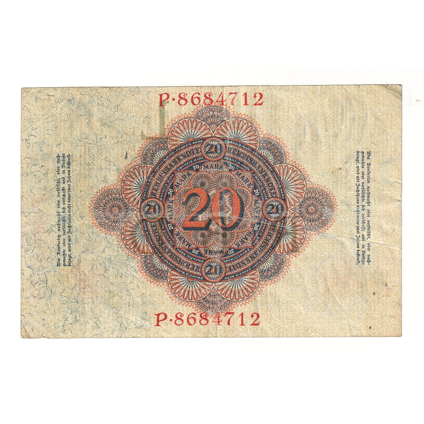 Germany 1914 20 Mark Watermark Note, 7 Digits P8684712, Pick #46 Extra Fine (EF40)