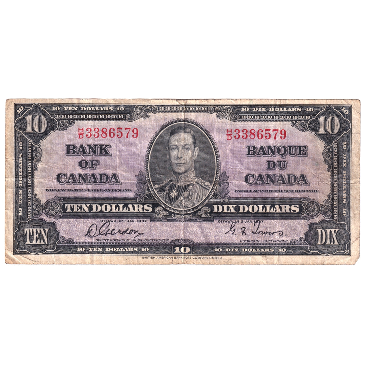 BC-24b 1937 Canada $10 Gordon-Towers, F (Tears, holes, or impaired)