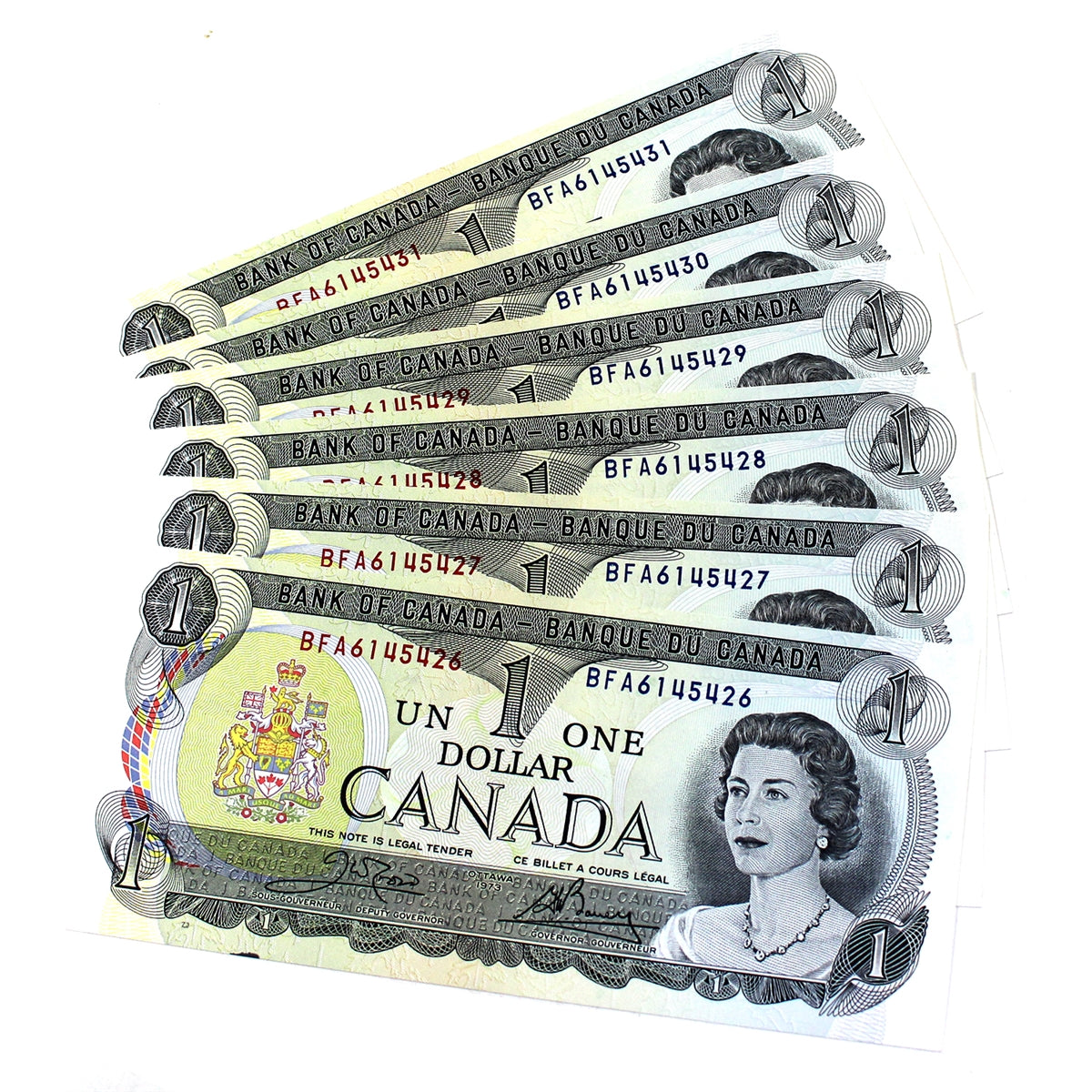 Lot of 6x Sequential BC-46b 1973 Canada $1 Notes, Crow-Bouey 3-letter Prefix, 6Pcs
