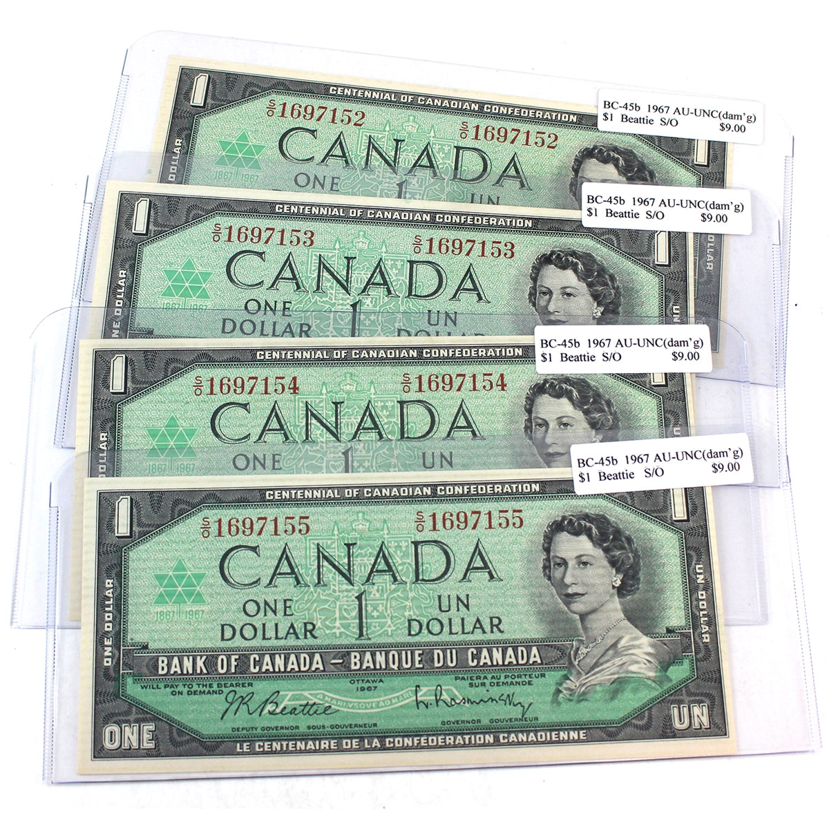 4x Sequential BC-45b 1967 Canada $1 Notes Beattie-Rasminsky, 4Pcs
