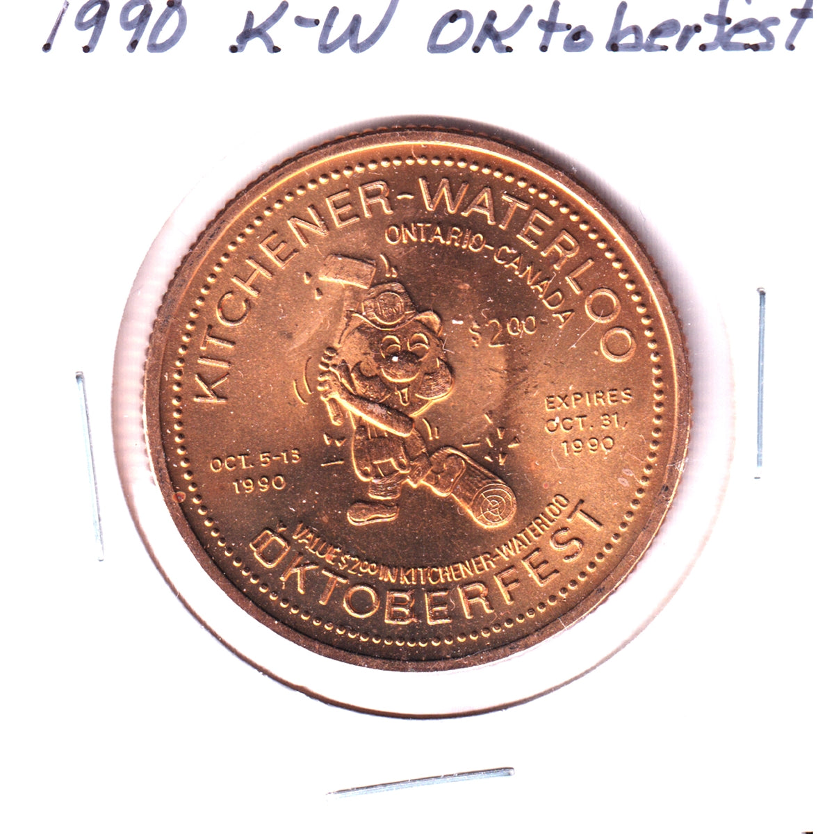 1990 K-W Oktoberfest $2 Trade Token: Julius Rauchfuss, Mr. Oktoberfest 1969-1989