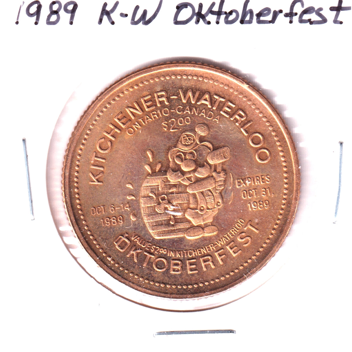 1989 Gold Plated K-W Oktoberfest $2 Trade Token: Bogenschuetzenfest 20th Anniversary