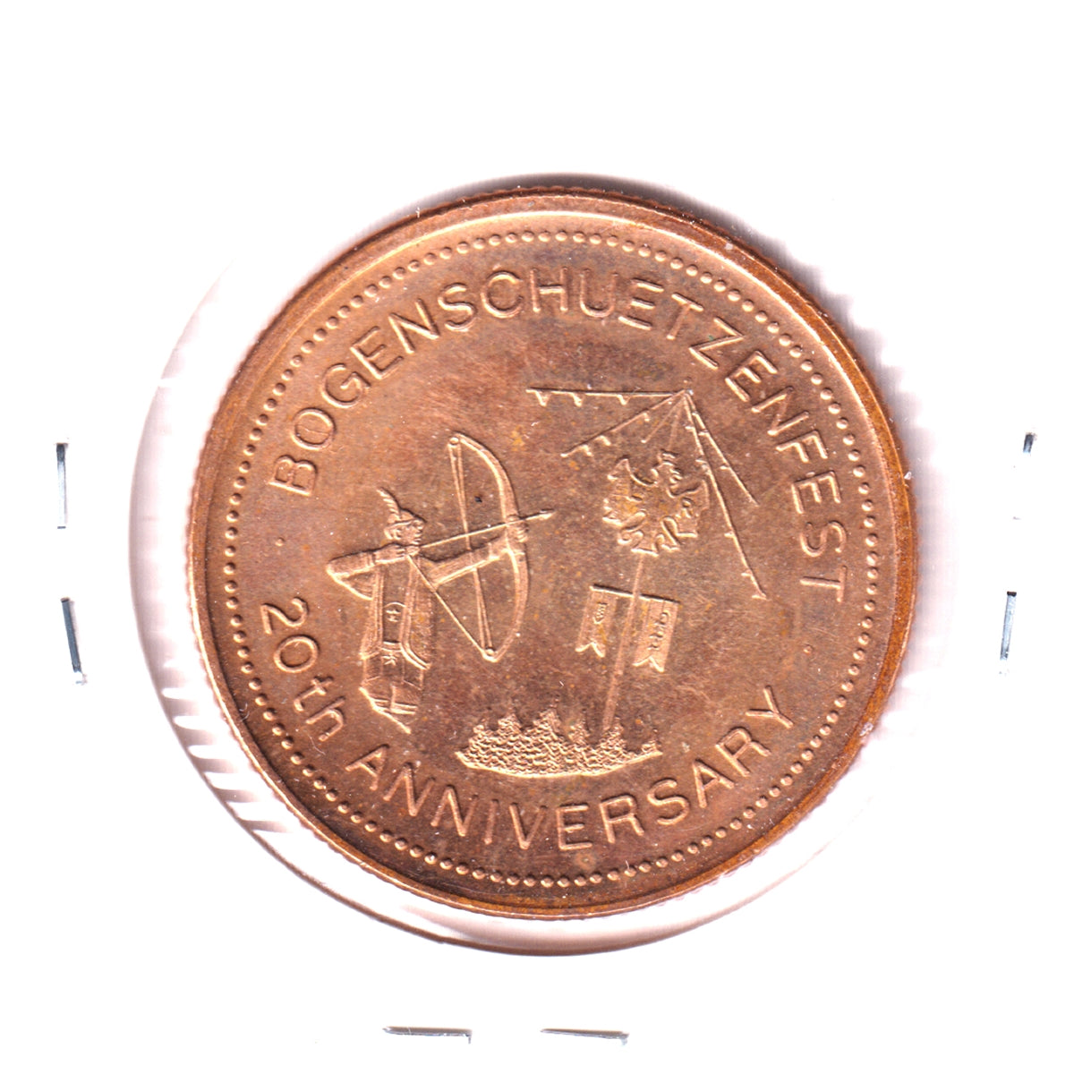 1989 Gold Plated K-W Oktoberfest $2 Trade Token: Bogenschuetzenfest 20th Anniversary
