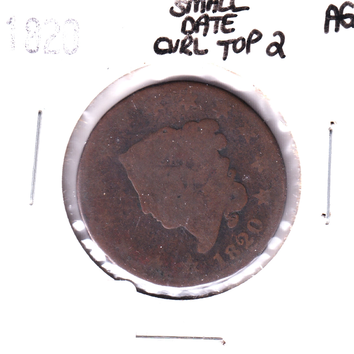 1820 Small Date, Curl Top 2 USA Cent About Good (AG-3)