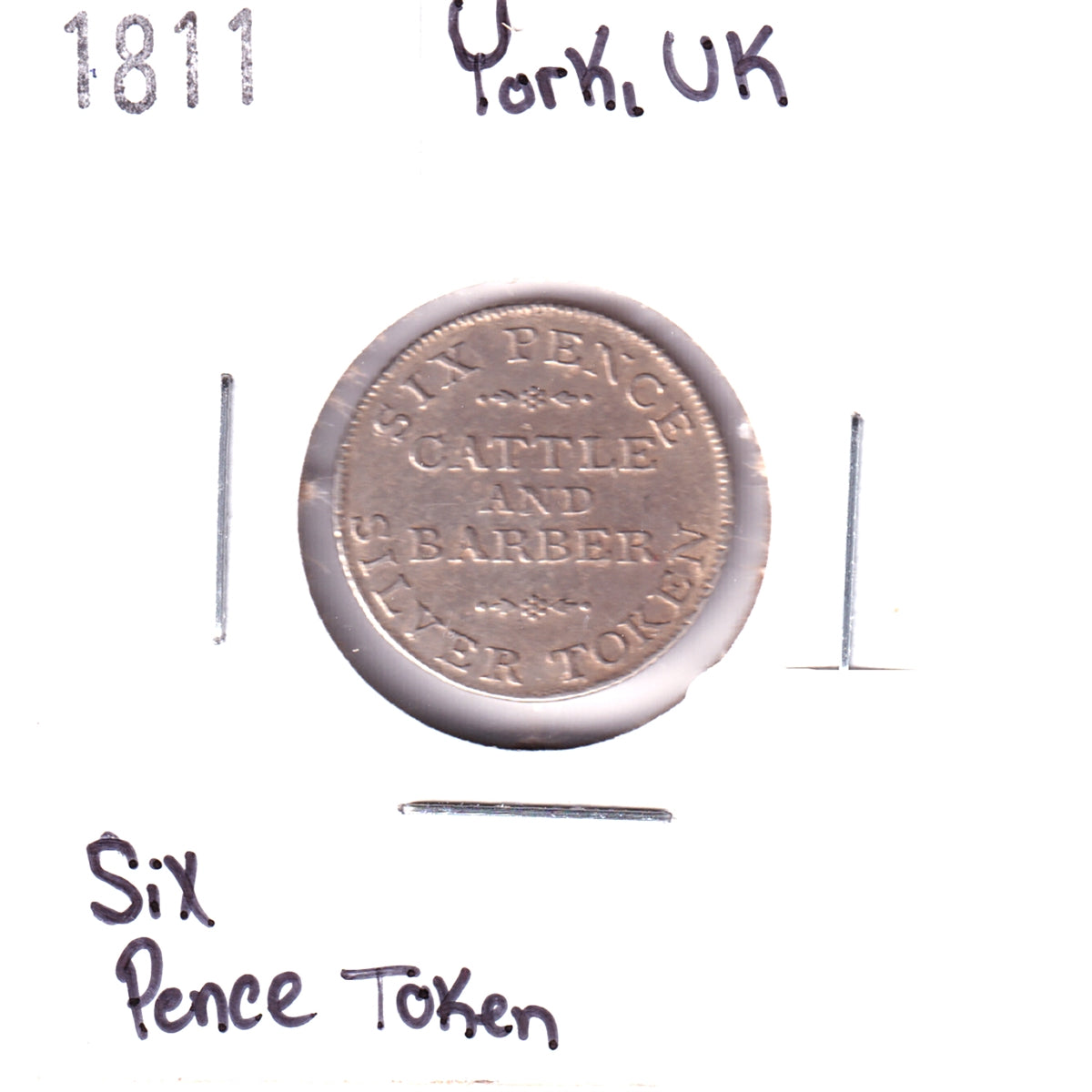 1811 York, UK, Cattle and Barber 6 Pence Silver Token