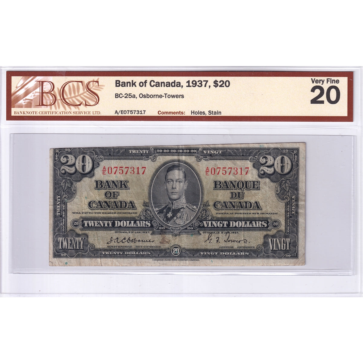 BC-25a 1937 Canada $20 Osborne-Towers, A/E, BCS Certified VF20 (Holes, Stain)