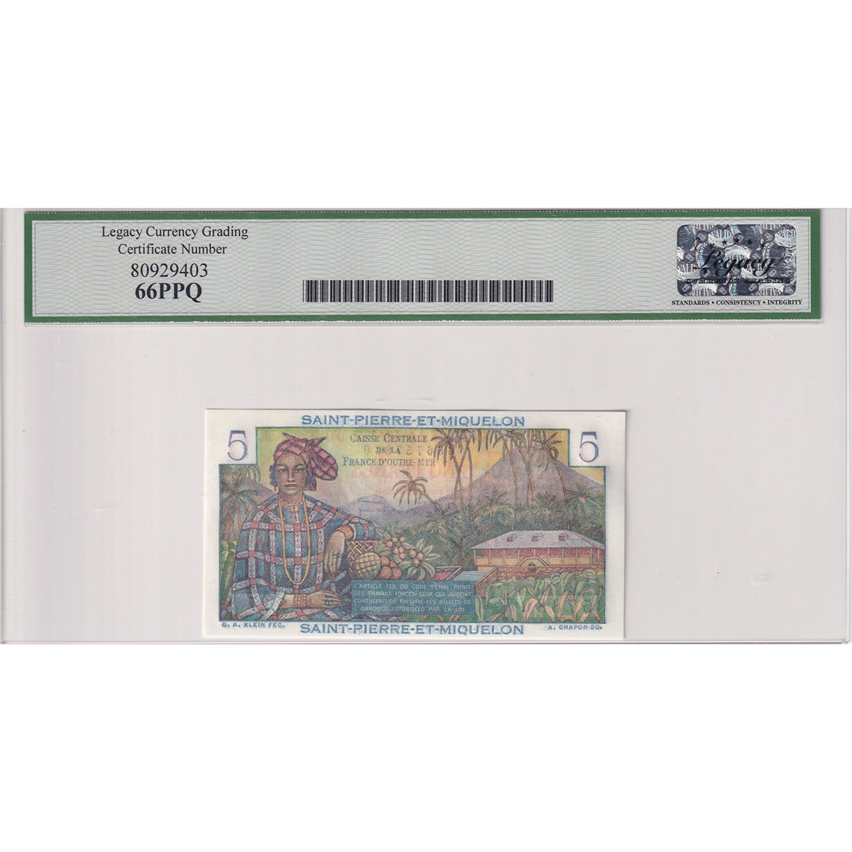 St. Pierre & Miquelon 1950-1960 5 Francs Note, Pick #22, Legacy Certified GUNC66 PPQ