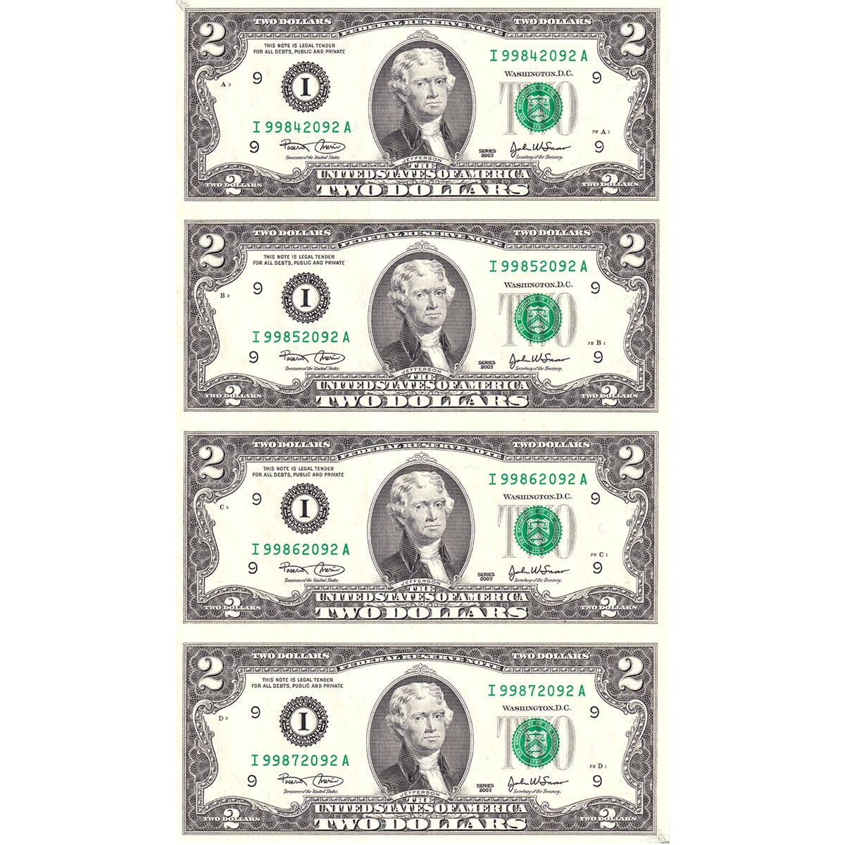 Uncut Sheet of 4x 2003 USA $2 Federal Reserve Notes, Minneapolis, IA, in Folder