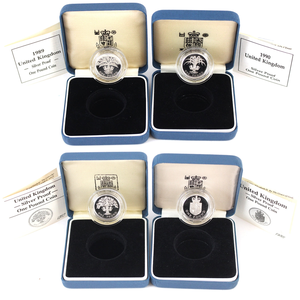 4x 1987-1990 Great Britain 1 Pound Sterling Silver Proof Coins in Cases, 4Pcs (Issues)