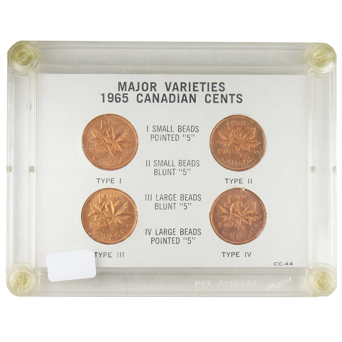 Set of 4x 1965 Canada 1-cent Varieties, 4Pcs in Holder (Holder cracked)
