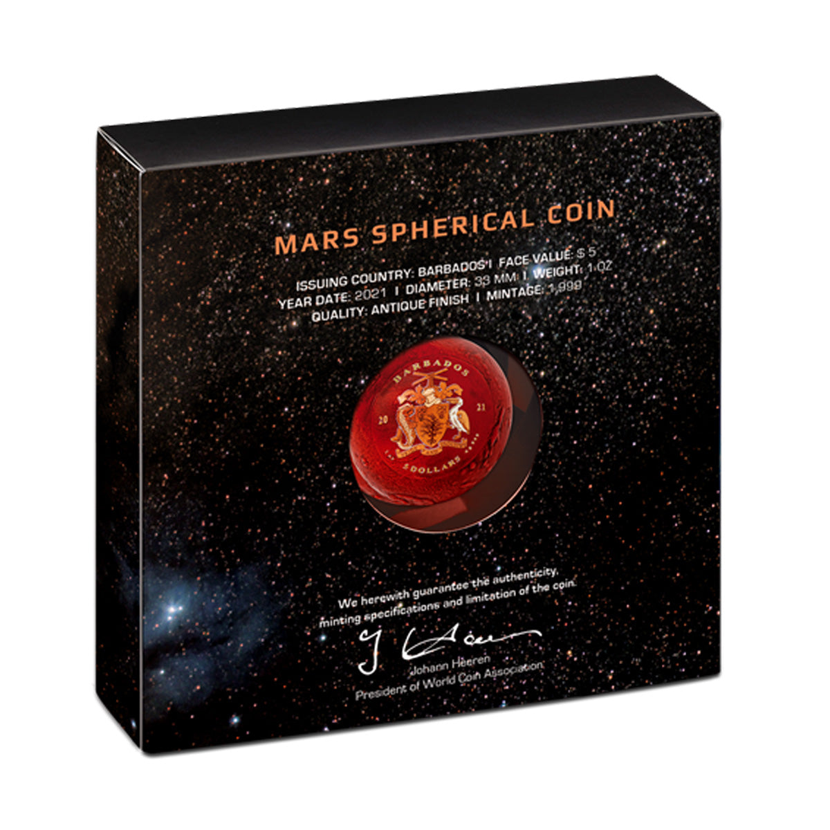 2021 Barbados $5 Mars 1oz .9999 Fine Silver Spherical Coin in Display (No Tax)