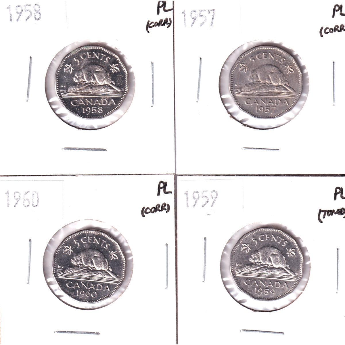 Lot of 4x 1957, 1958, 1959 & 1960 Canada 5-cents Proof Like, 4Pcs (Corrosion or Toned)