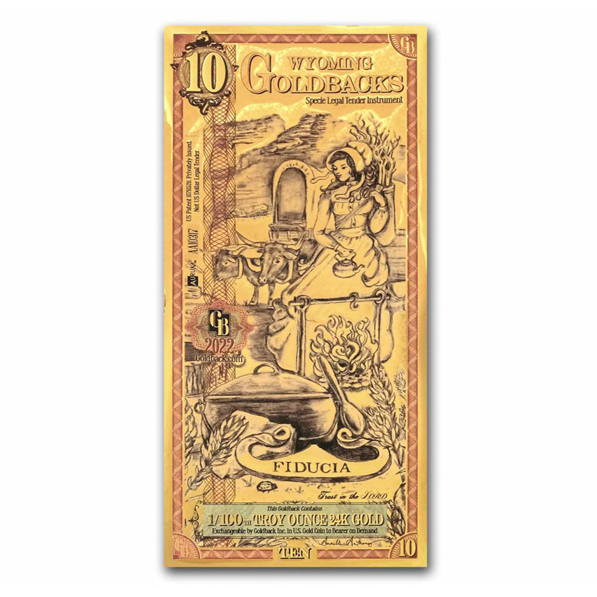 Ten Wyoming Goldback Aurum 1/100oz 24K .9999 Gold Wafer Foil Note (No Tax)