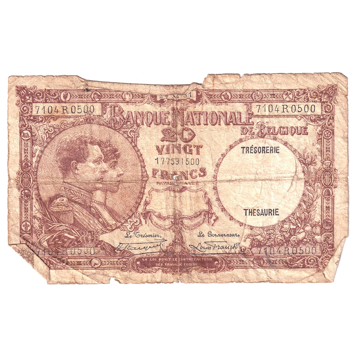 Belgium Note, 1926-1932 20 Francs, Pick #98b, Circ