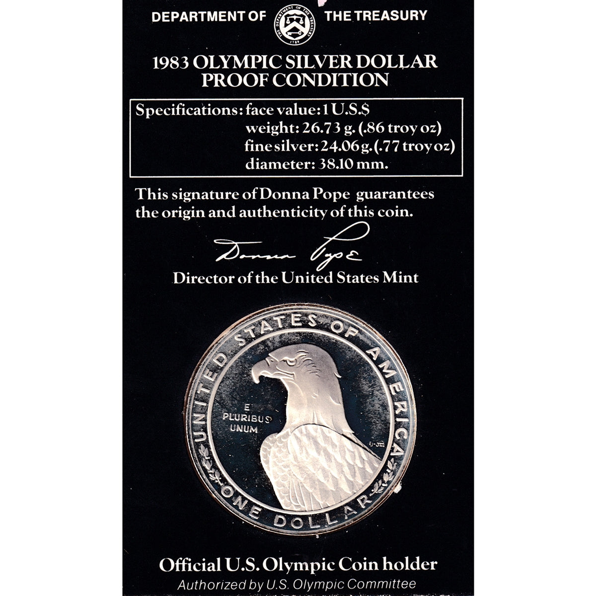 1983 S USA Olympic Dollar .900 Silver Proof in Card (Lightly toned)
