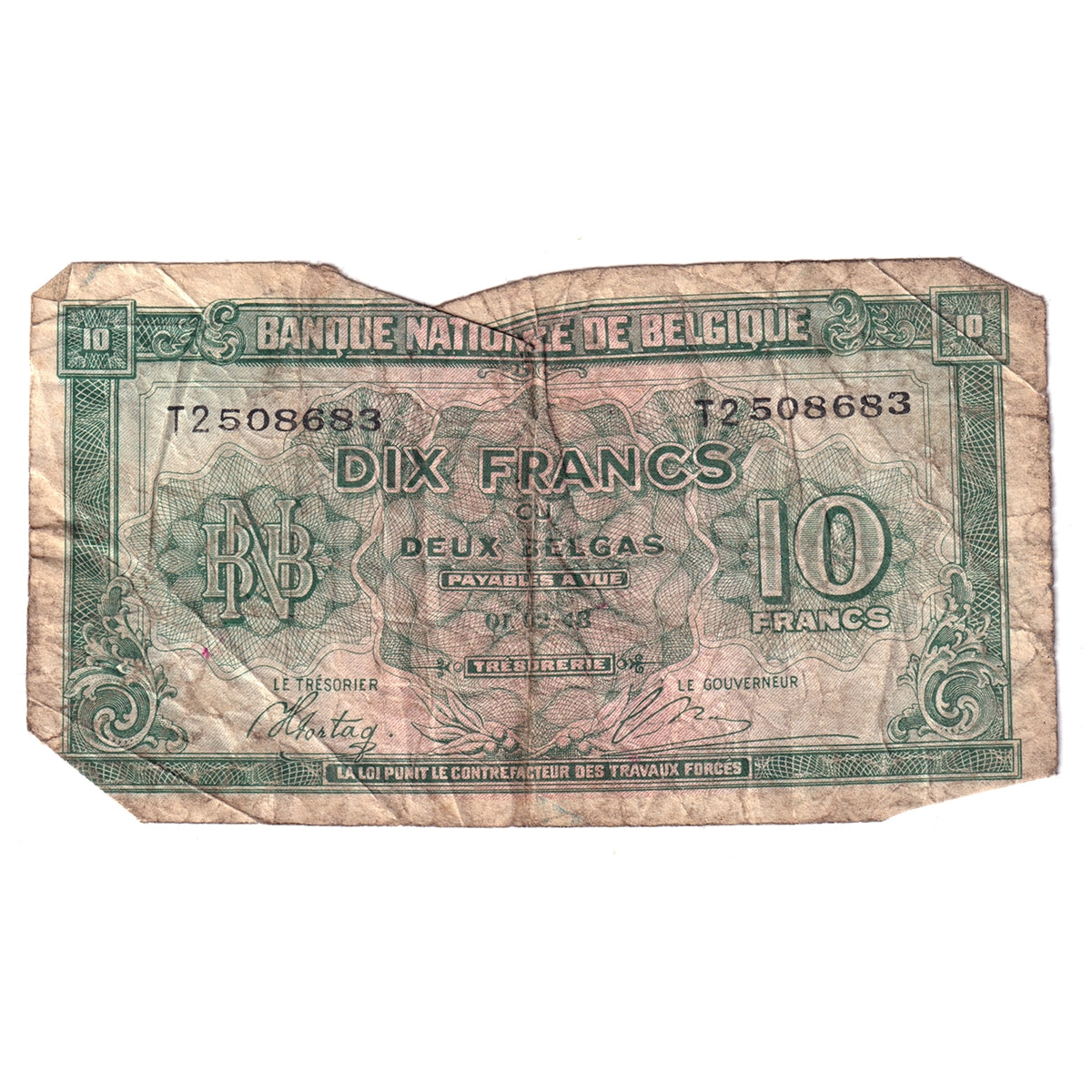 Belgium Note, 1943 10 Francs - 2 Belgas, Circ (Issues)