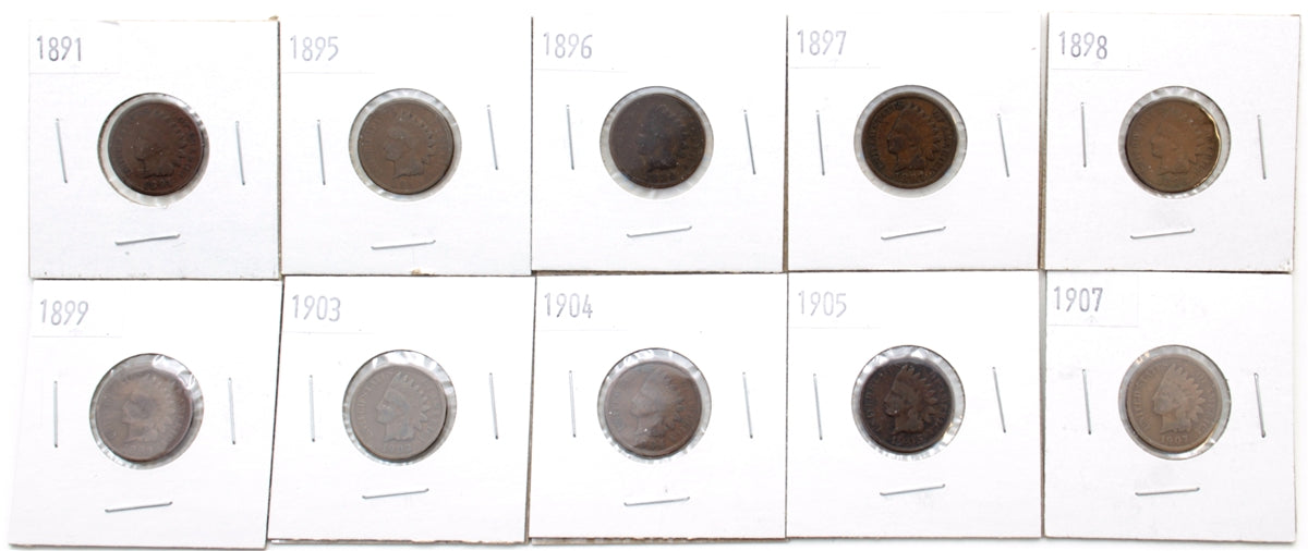Lot of 10x USA Indian Head Cents (date range 1887 to 1908) Mega35