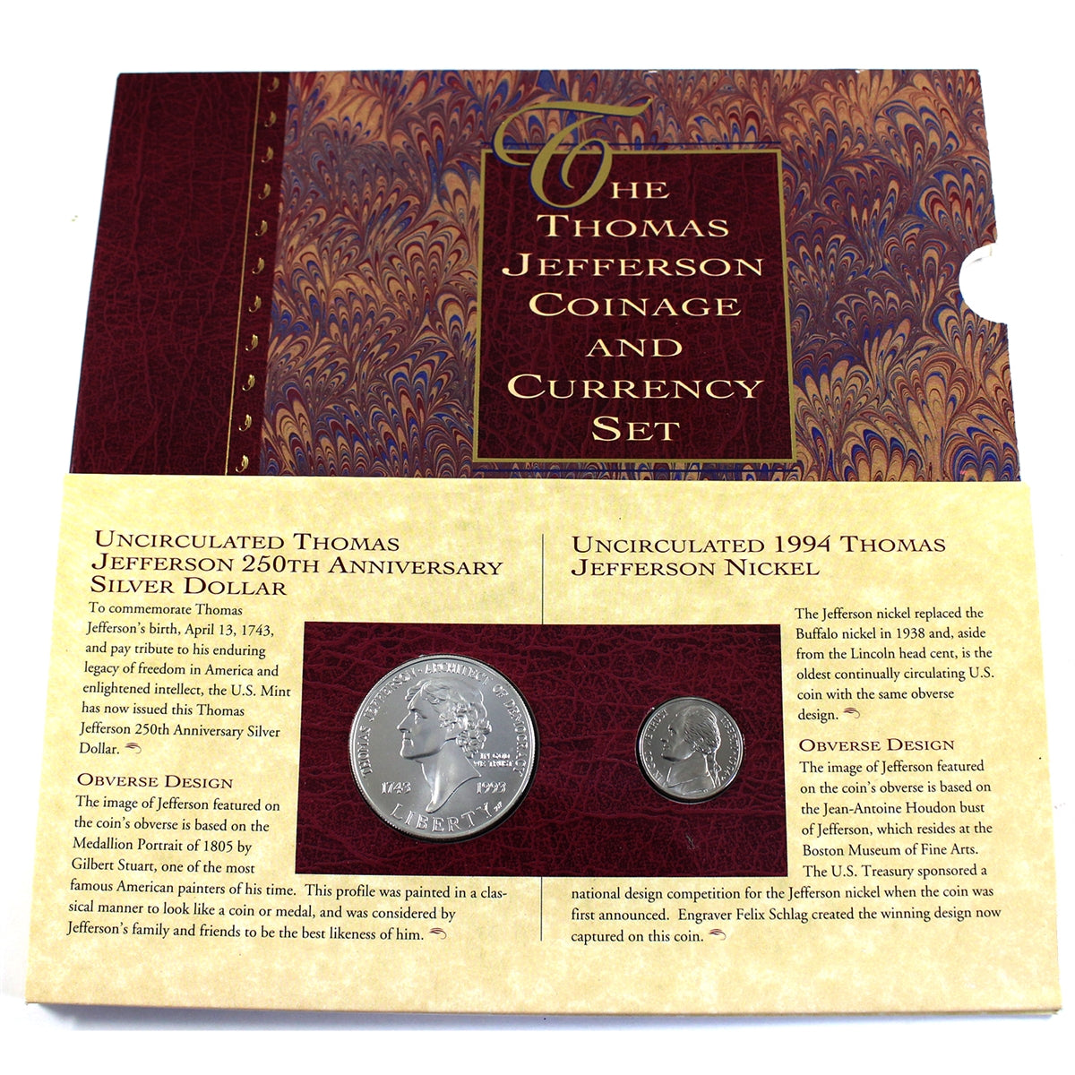 Thomas Jefferson Coinage & Currency Set (1993 $1, 1994 nickel, 1976 $2 note) Impaired
