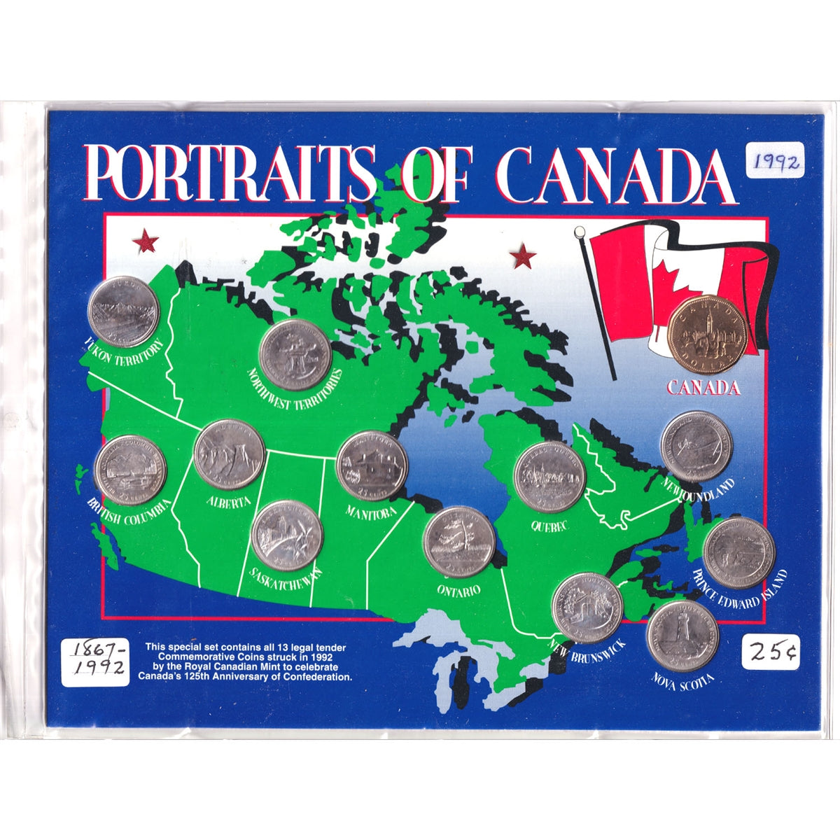 1992 Portraits of Canada 25-Cents and Dollar Map (Lightly toned)