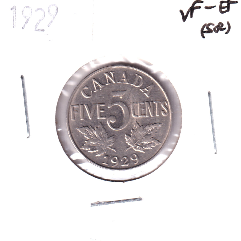 1929 Canada 5-cents VF-EF (VF30) Scratched, Cleaned, or impaired