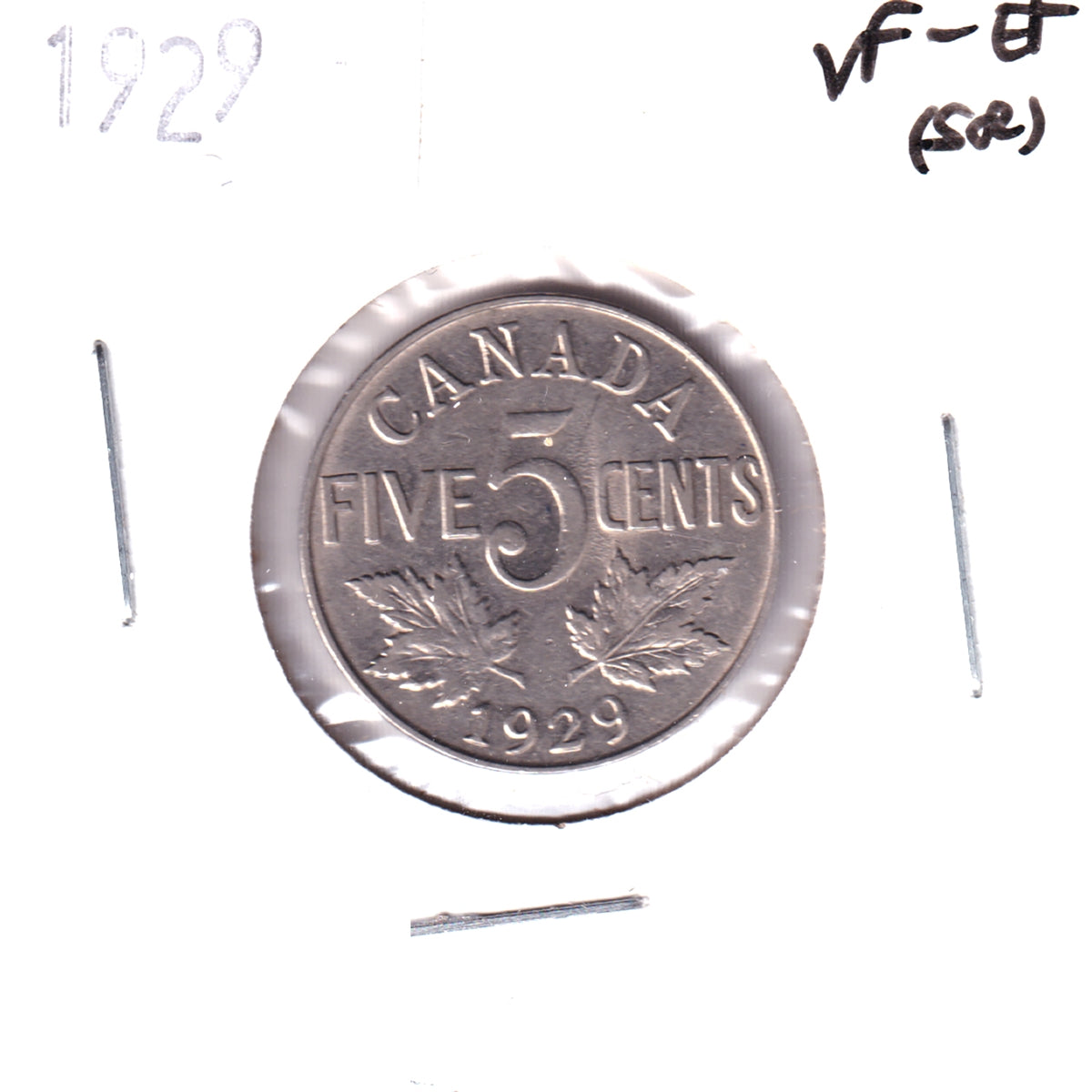 1929 Canada 5-cents VF-EF (VF30) Scratched, Cleaned, or impaired