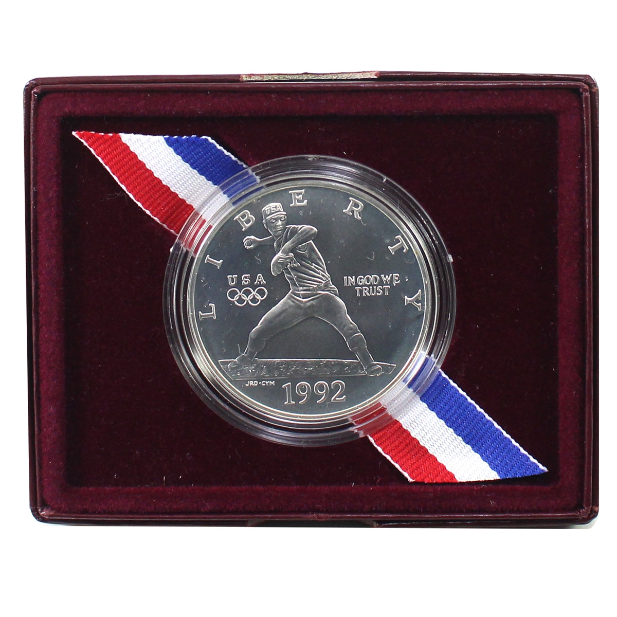 1992 D USA Olympic (Baseball Pitcher) .90 Silver Dollar in Case (Light issues, no CoA)