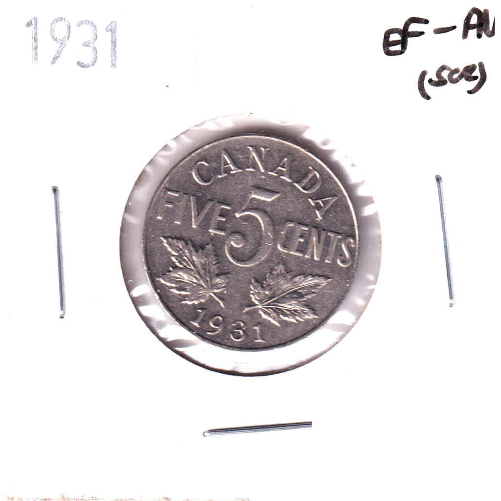 1931 Canada 5-cents EF-AU (EF45) Scratched, toned, corrosion, or impaired