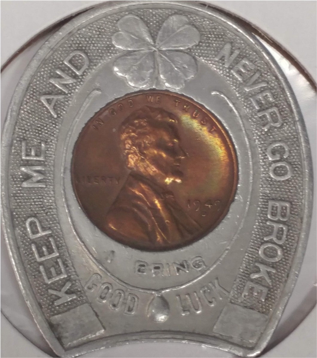 1949 Niagara Falls Horseshoe Good Luck Charm with Lincoln Head Penny