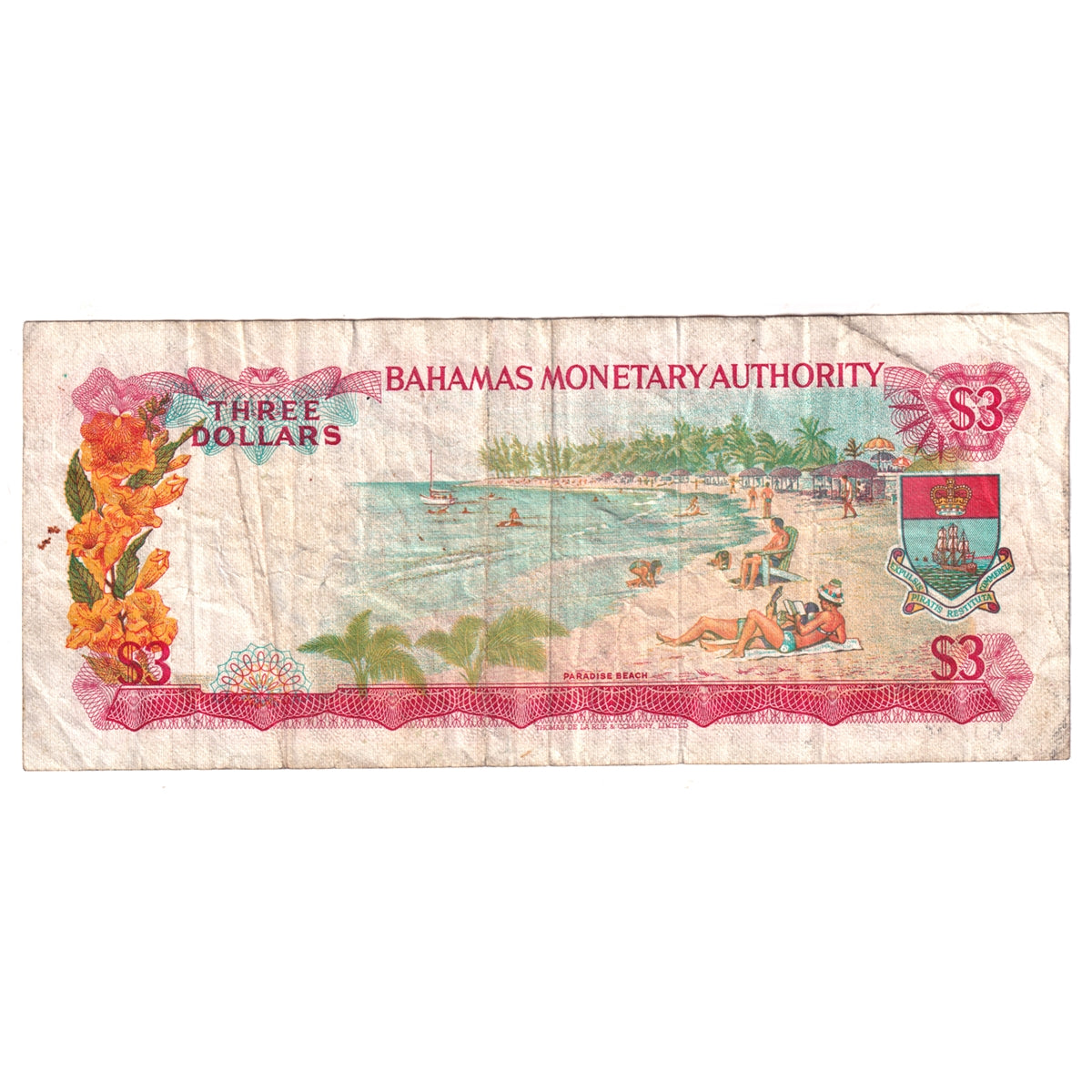 Bahamas Note, Pick #28a 1968 3 Dollars, Very Fine (VF20) Writing