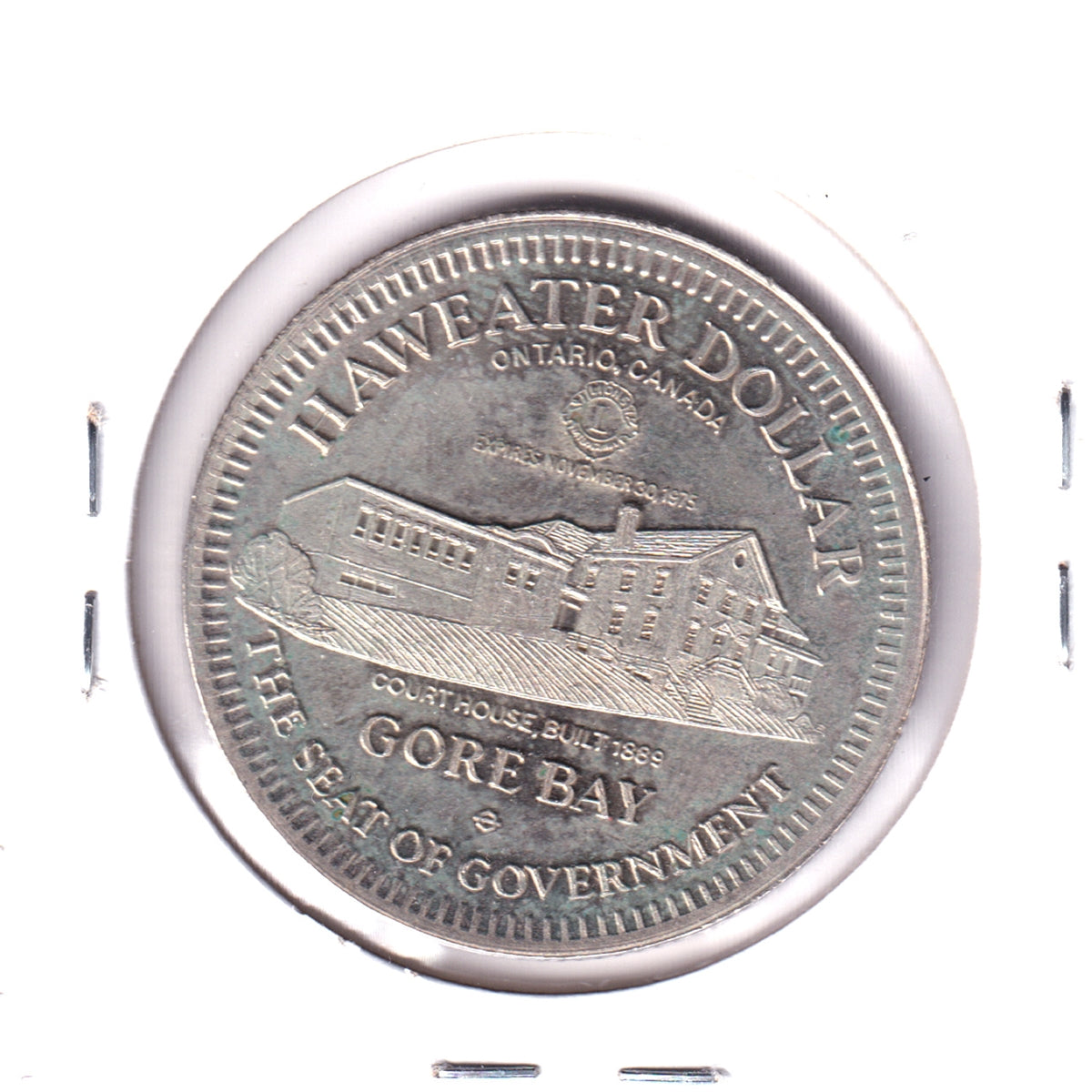 Manitoulin Island 1975 Haweater Dollar: Gore Bay Courthouse (Spots, Lightly Toned)